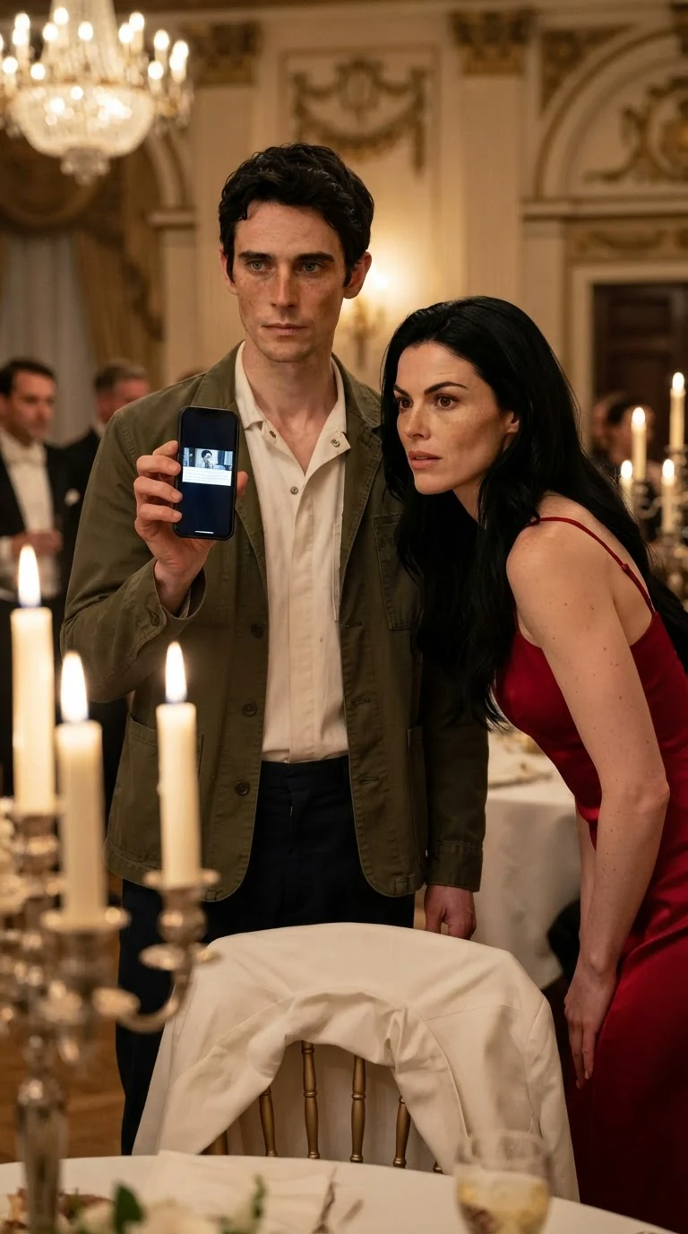 Benedict holds up his phone at the head table while Priscilla stares at it.