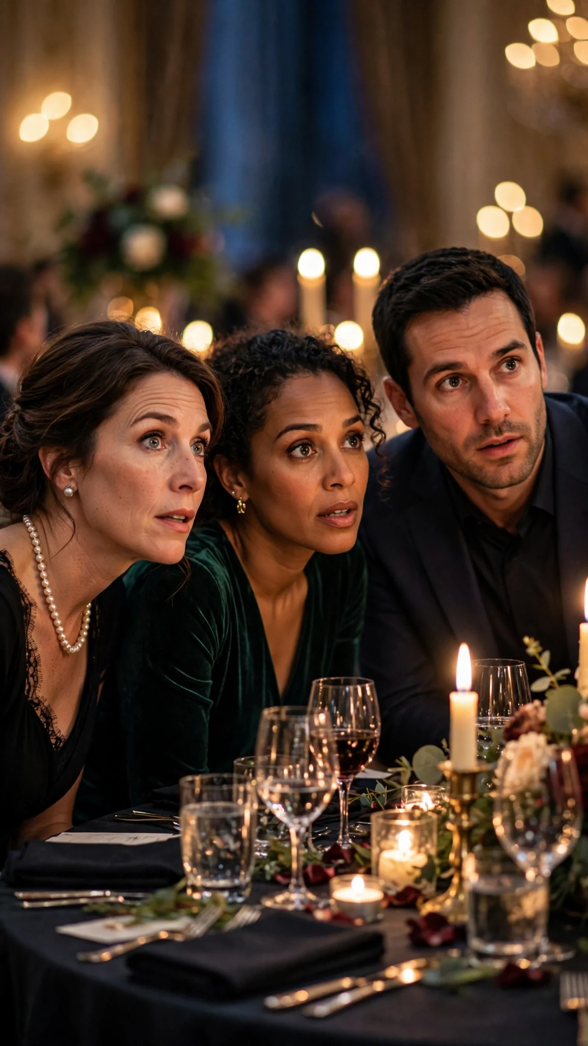 Donors at a ballroom table lean in, listening, as a woman's recorded voice plays.