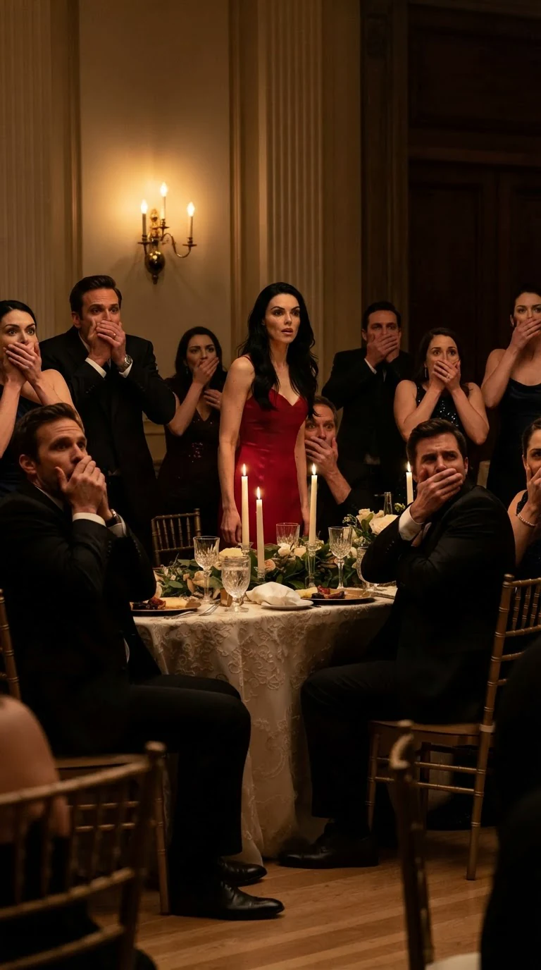 Priscilla in red stands rigid while the ballroom gasps around her.