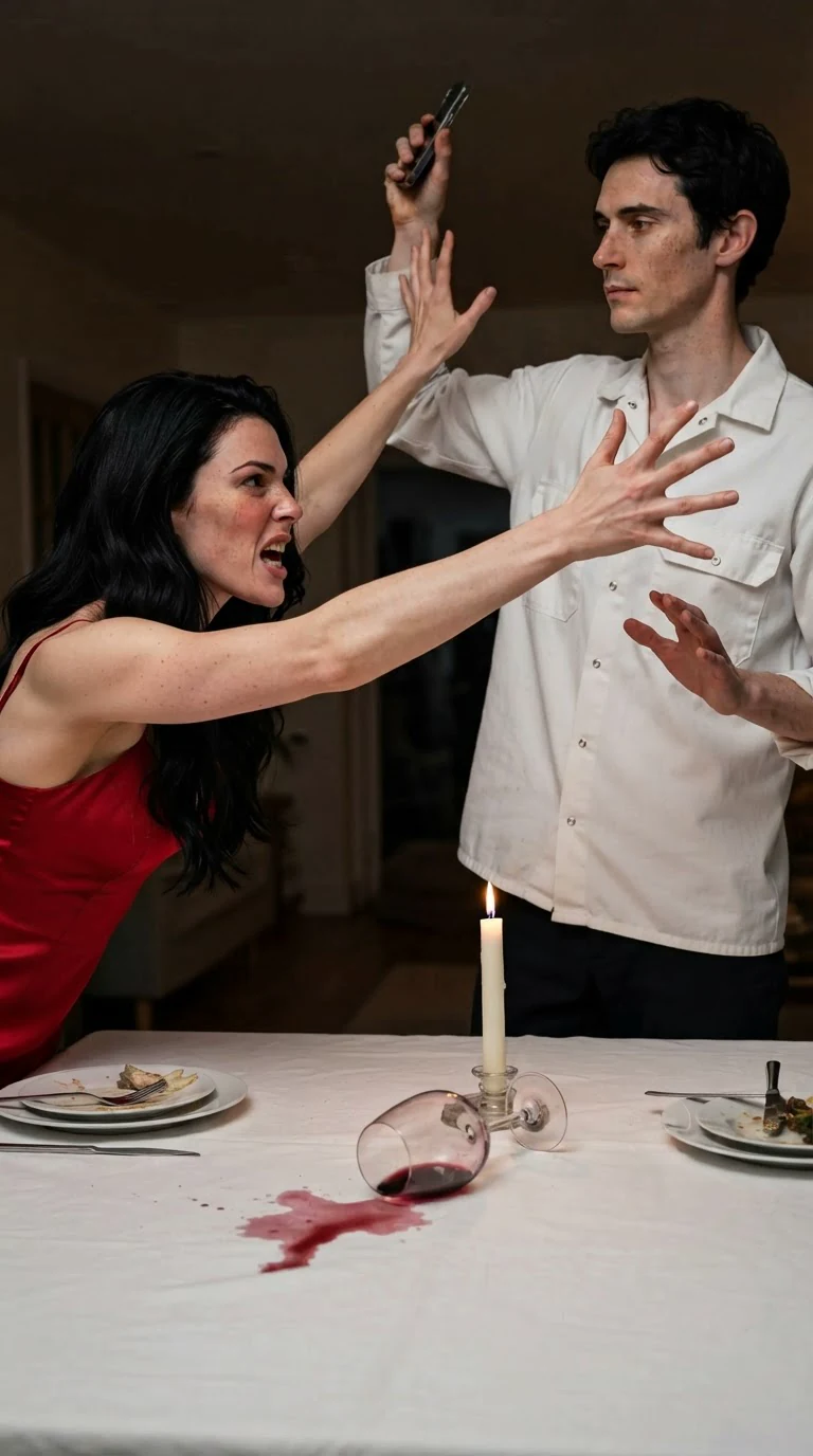 Priscilla reaches across the table for the phone while Benedict pulls it out of her reach.