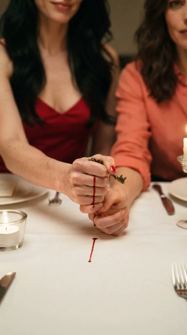 Priscilla grabs Marielle's cut hand on the tablecloth, blood showing between their fingers.