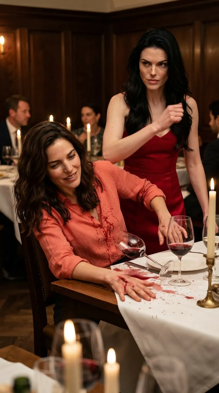 Marielle is shoved against the head table, wine glasses toppling, her face white.