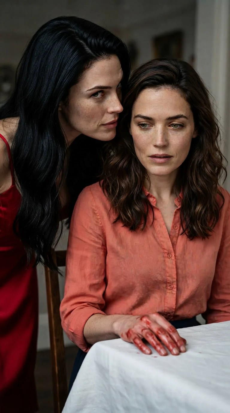 Priscilla leans down close to Marielle and whispers a threat, her red dress bright in candlelight.