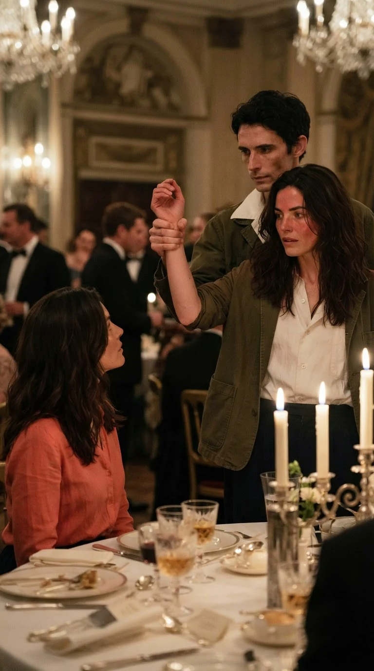 Benedict lifts Priscilla's wrist away from Marielle, his face still and cold.