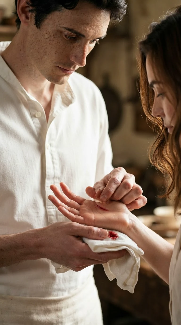 Benedict turns Marielle's bleeding palm up and looks at the red line across it.