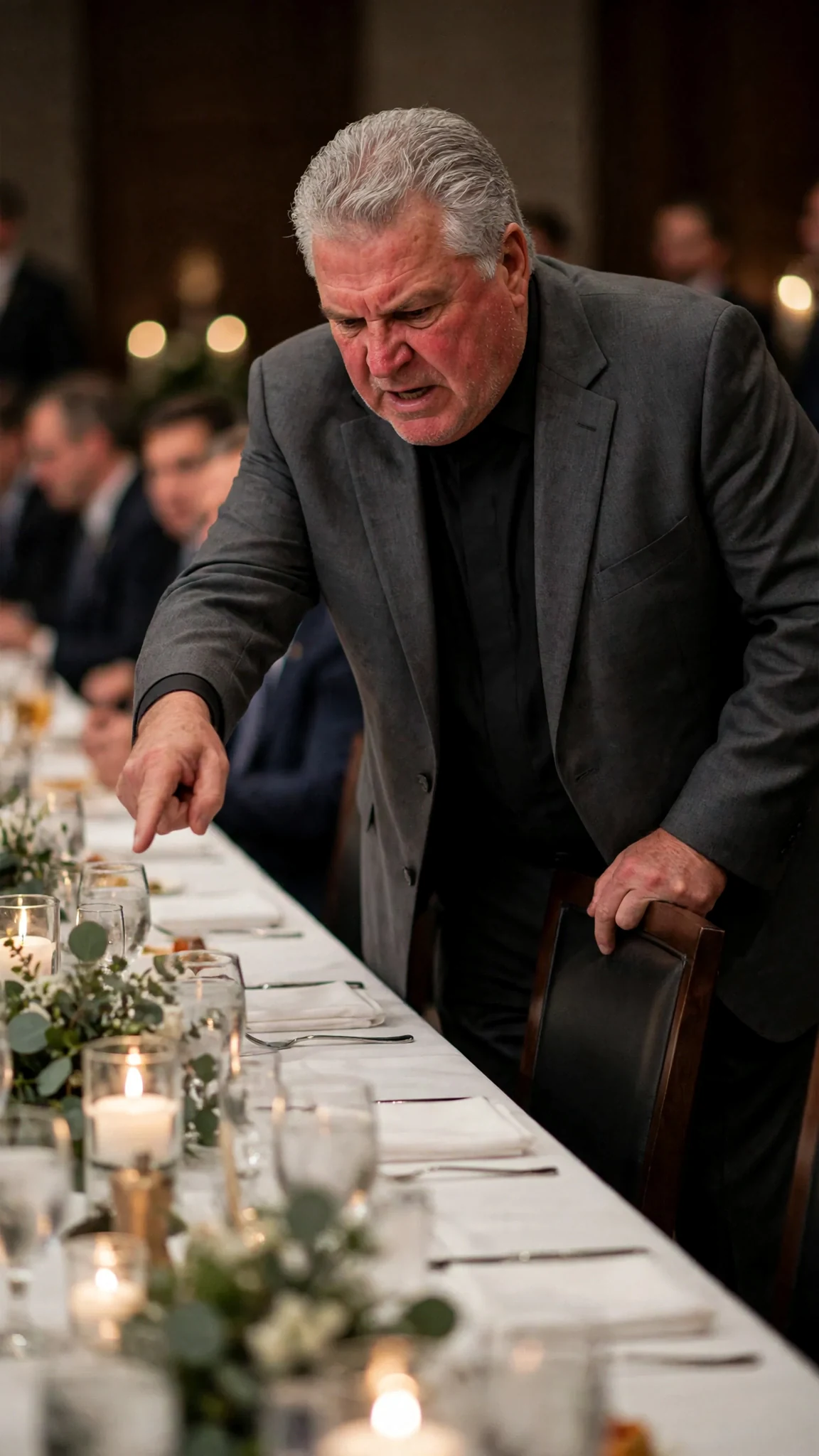Alfred Dunley rises from the head table with a red face and points at his daughter.