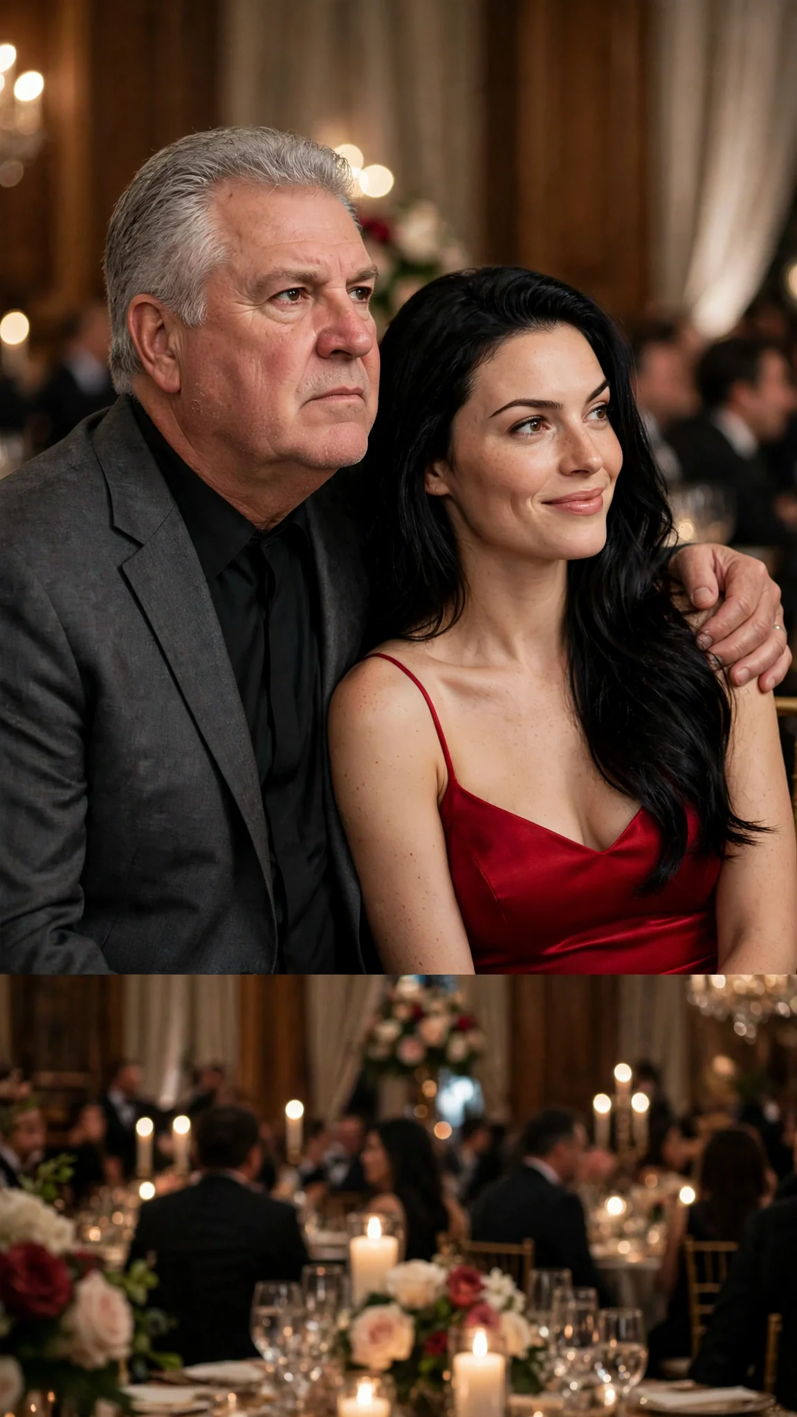 Alfred sets one hand on Priscilla's shoulder and speaks to the whole room.