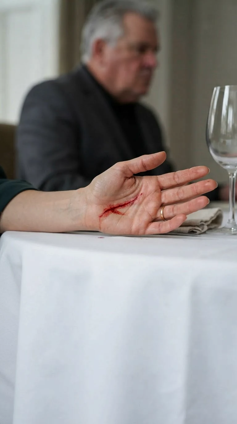 Marielle's bleeding palm rests on the white tablecloth while her father looks away.