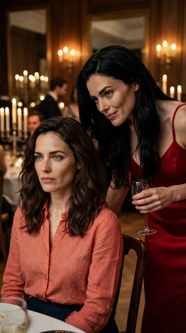 Priscilla walks around the head table and stops behind Marielle's chair with a wine glass.