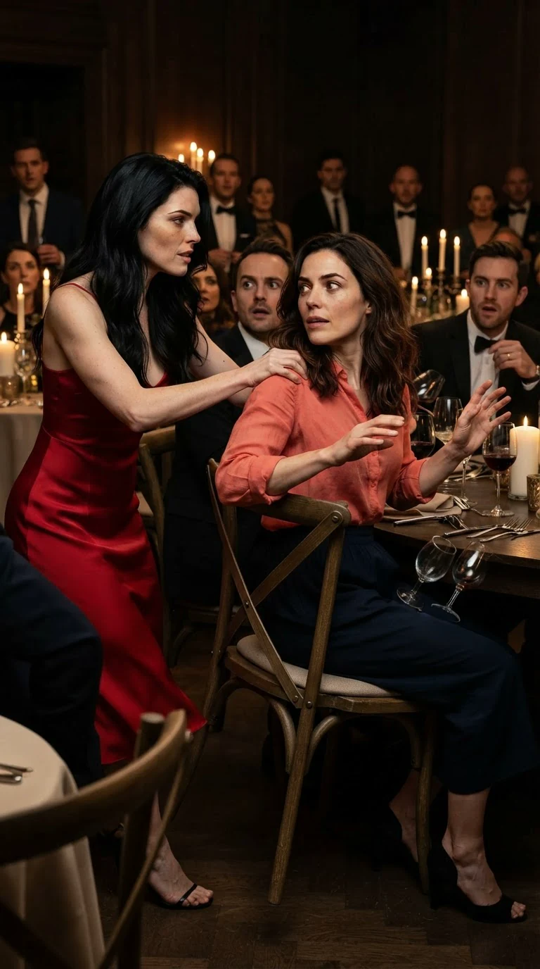 Priscilla shoves Marielle's shoulder and the chair slides back into the next table.