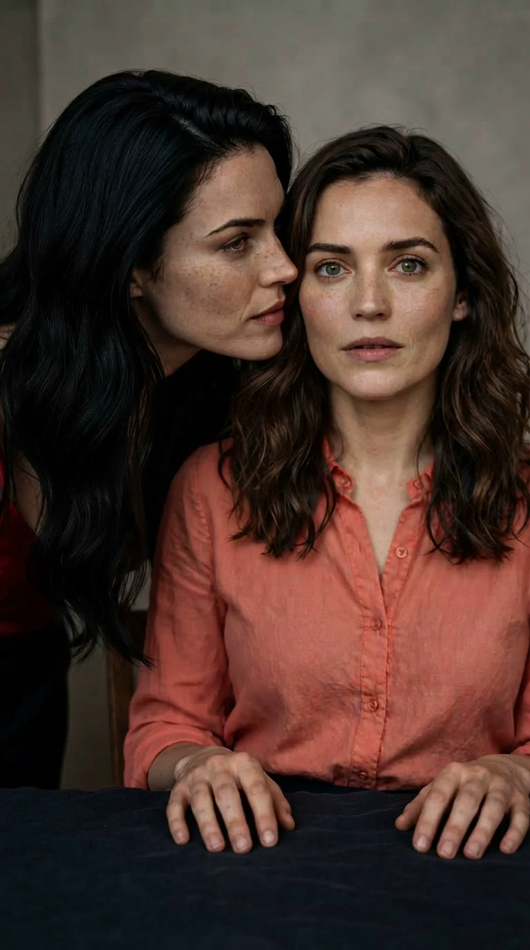 Priscilla leans down close to Marielle's face, whispering a threat, while Marielle goes still with fear.