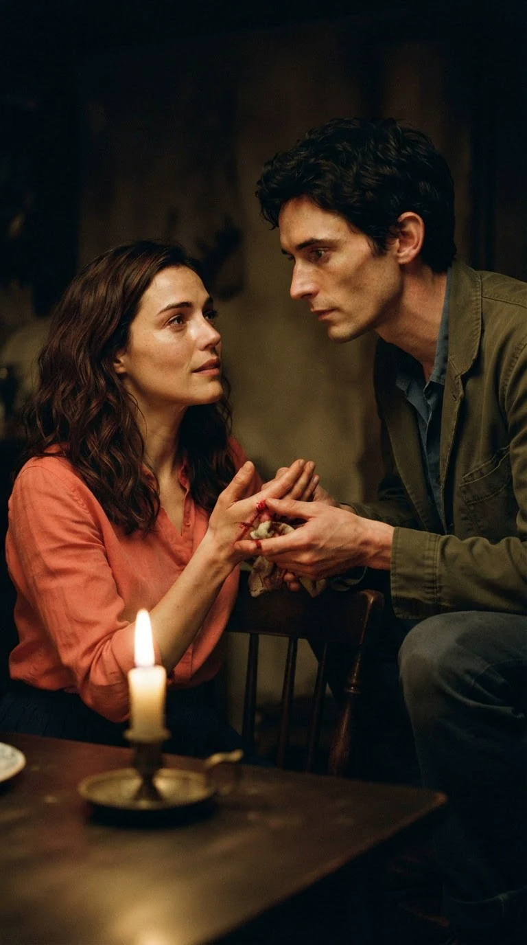 Benedict crouches beside Marielle's chair and holds her bleeding hand, their faces close.