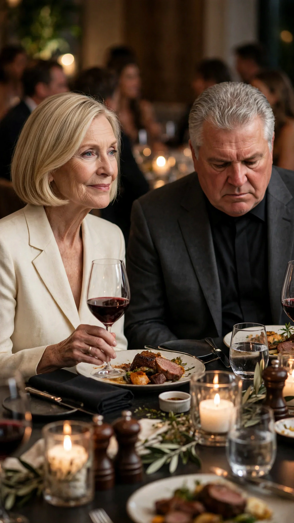Veronica smiles coldly at her daughter while Alfred keeps his eyes on his plate.