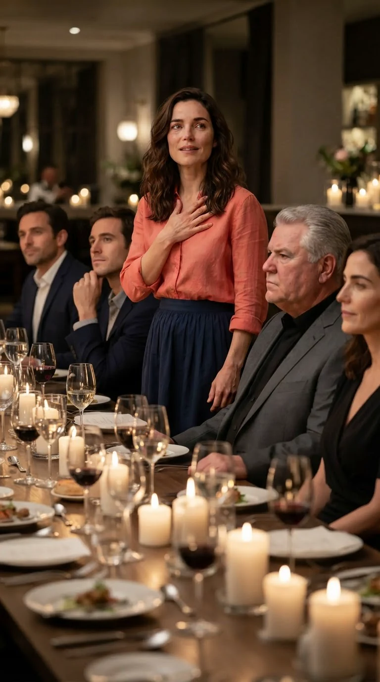 Marielle stands and apologizes to the silent table, then turns to leave.