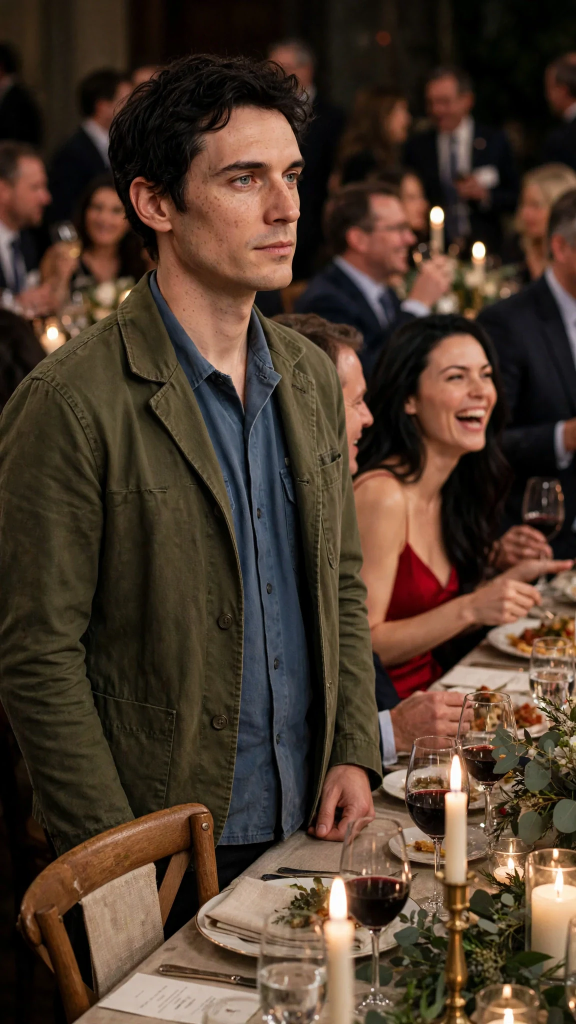 Benedict stands alone by the empty chair, his face cold and still.