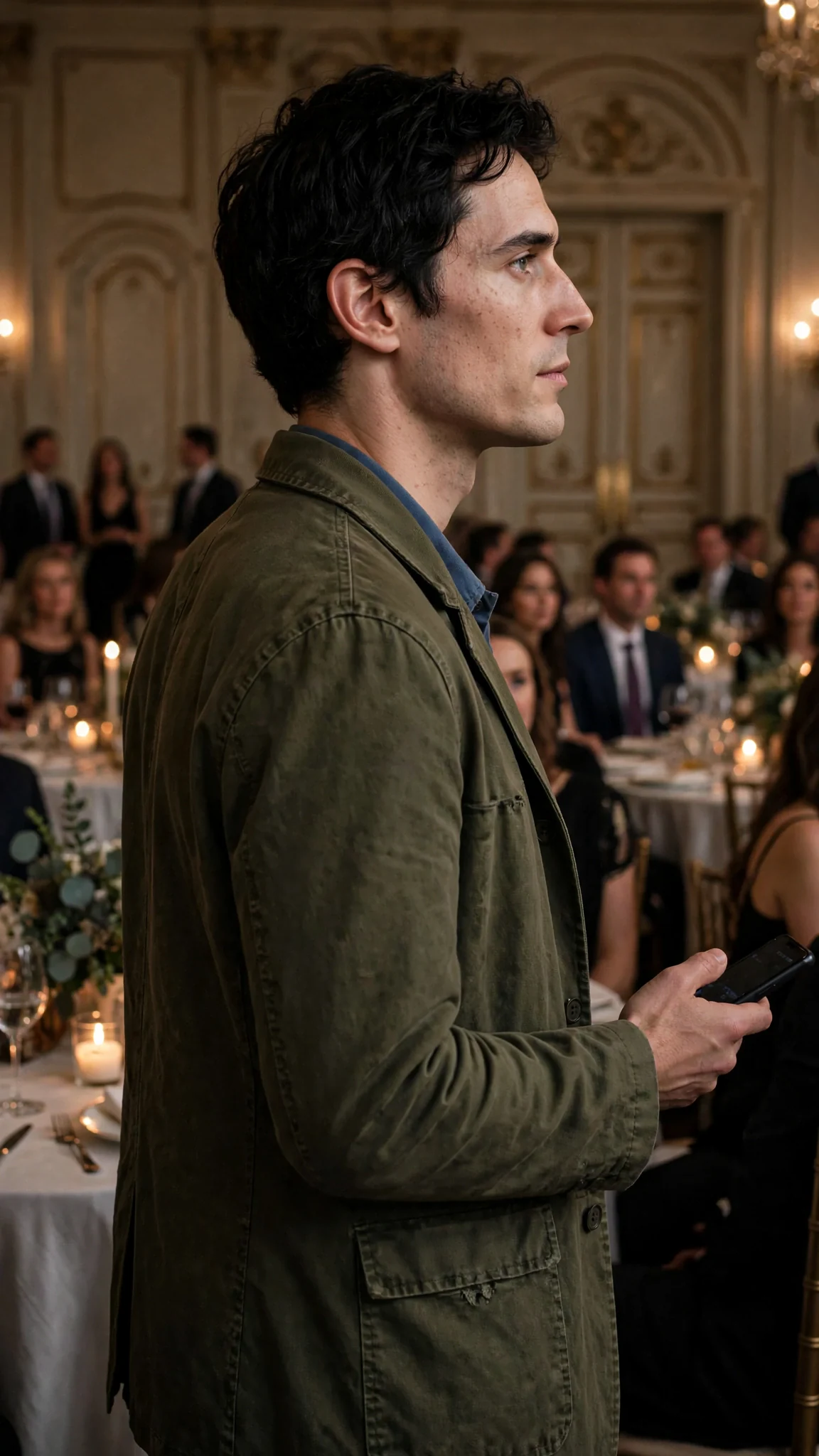 Benedict walks out of the ballroom with his phone already in his hand.