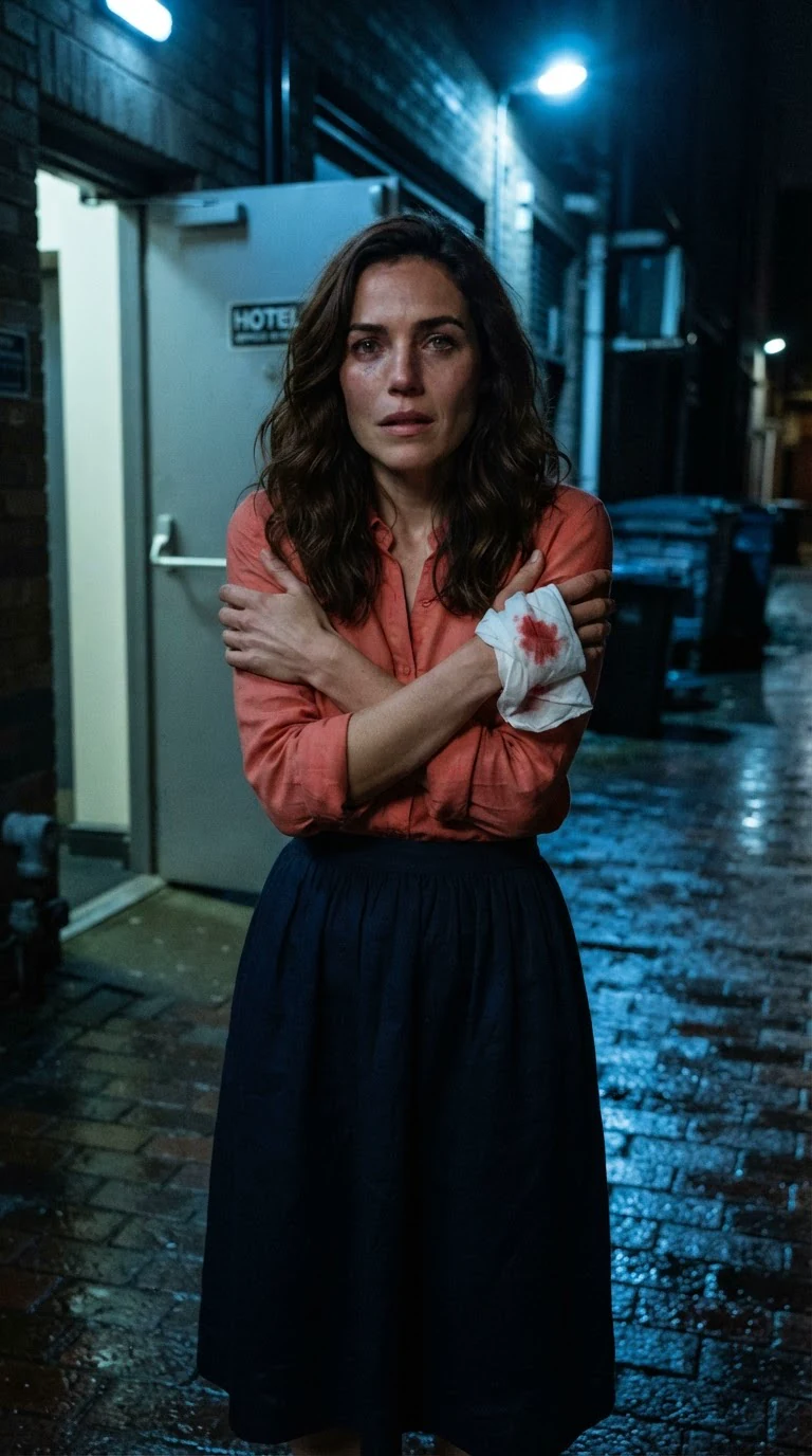 A woman in a coral blouse stands alone on a wet city street at night outside a hotel service door.