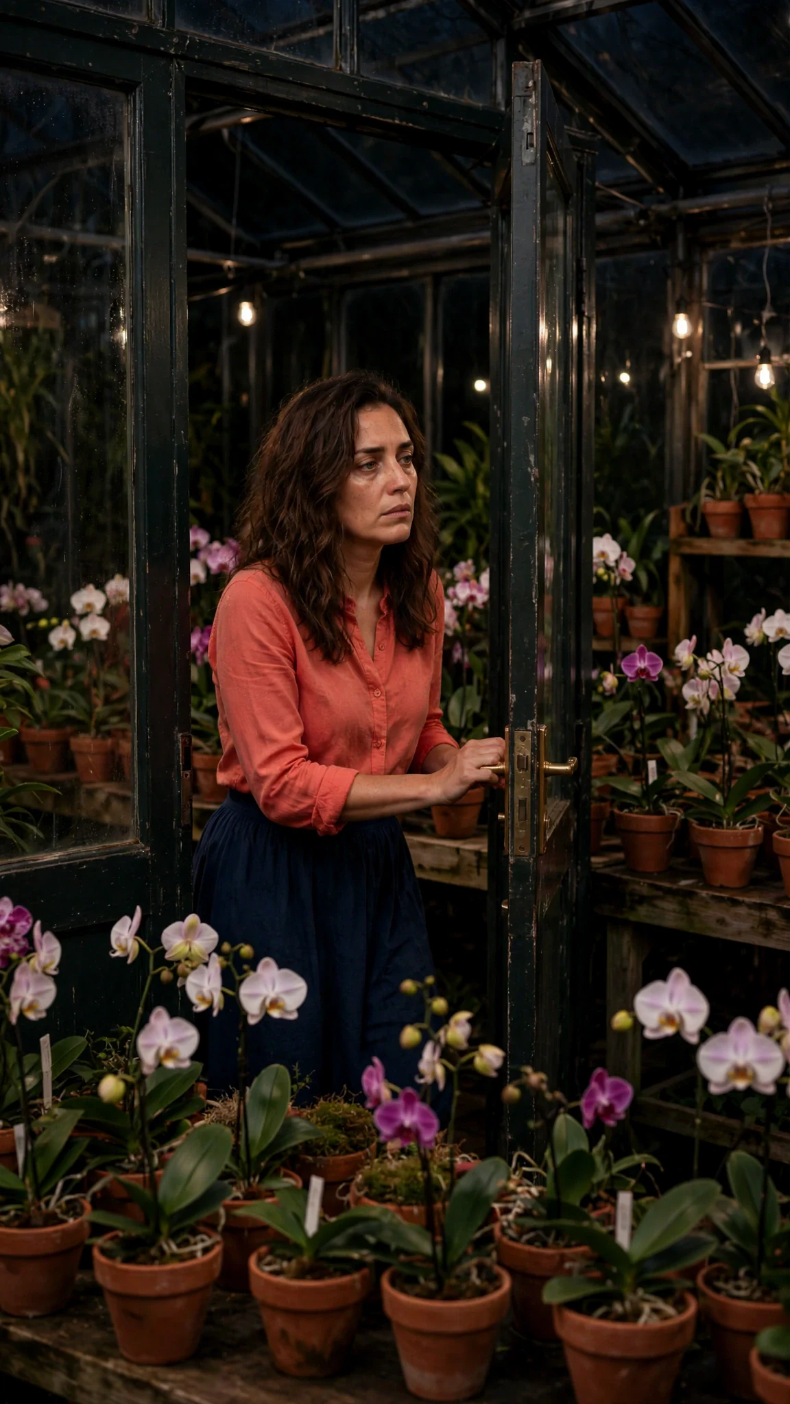 A dark glasshouse at night, one woman letting herself in among rows of potted orchids.