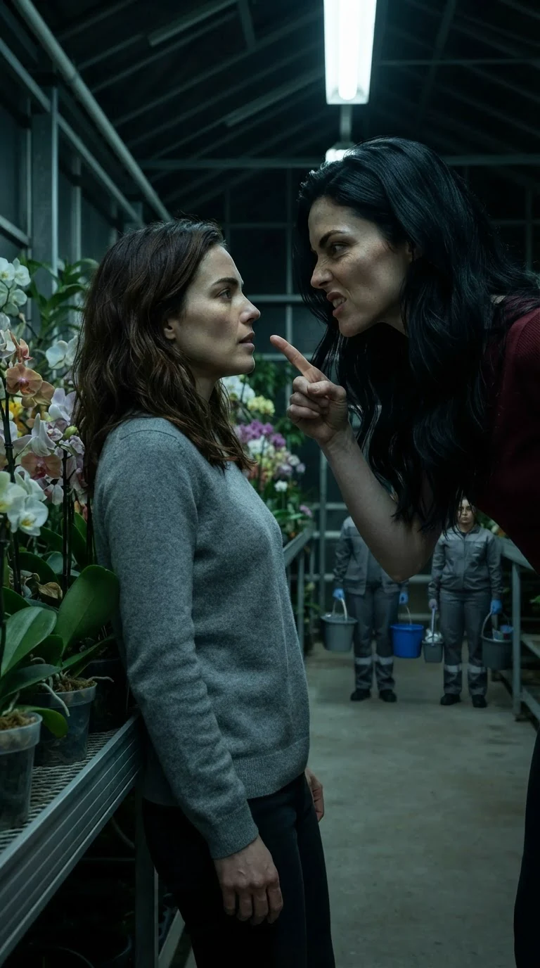A woman in a red dress leans close to another woman among orchids, pointing, night workers watching from an aisle.