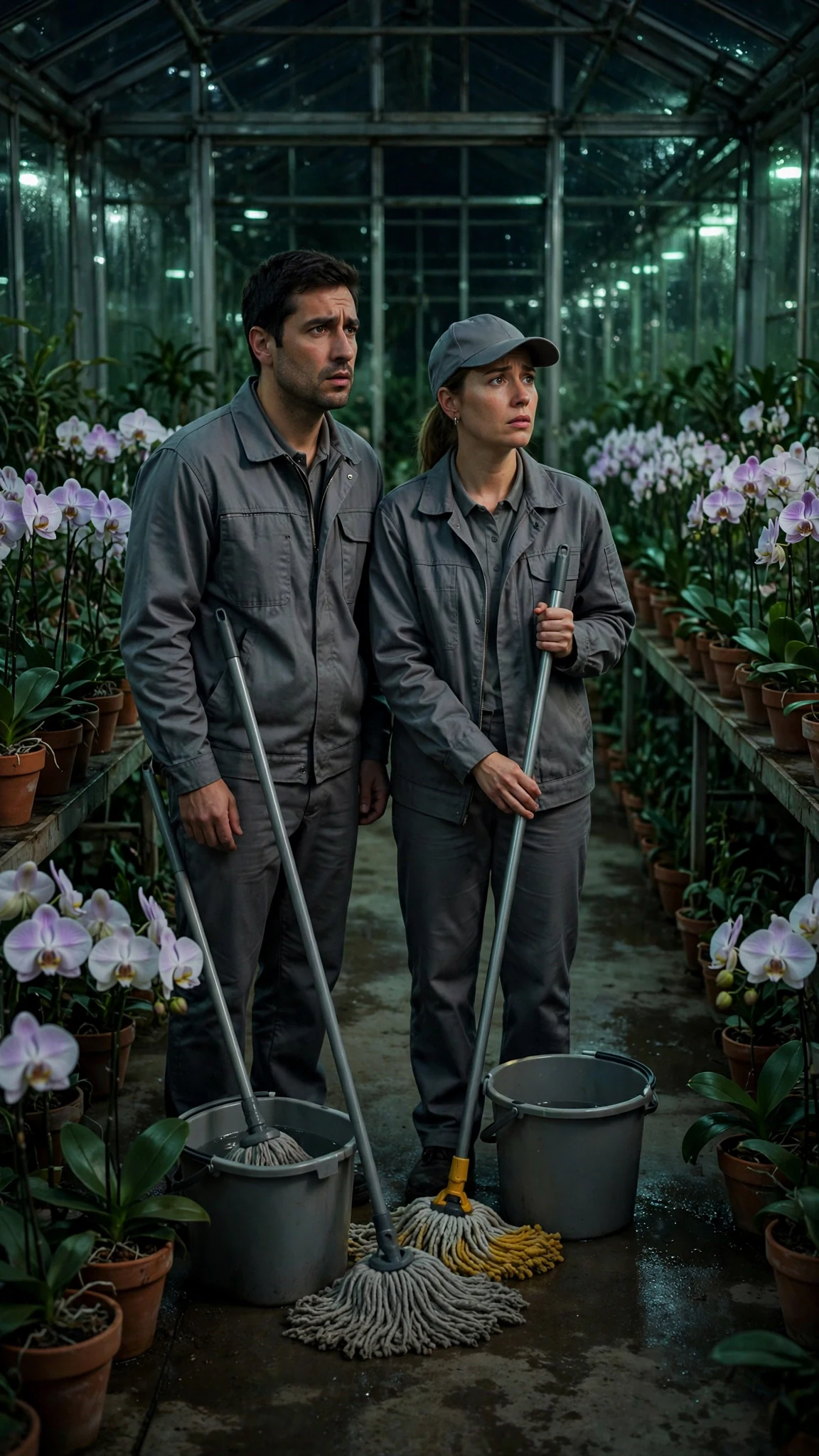 Two night workers in gray uniforms stand in a glasshouse aisle with buckets, watching and not moving.