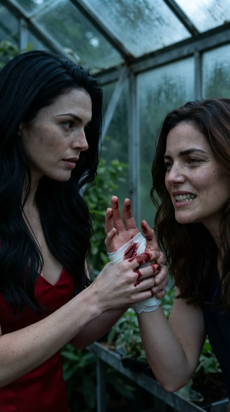 A woman in red squeezes another woman's bandaged hand until blood shows through the cloth.