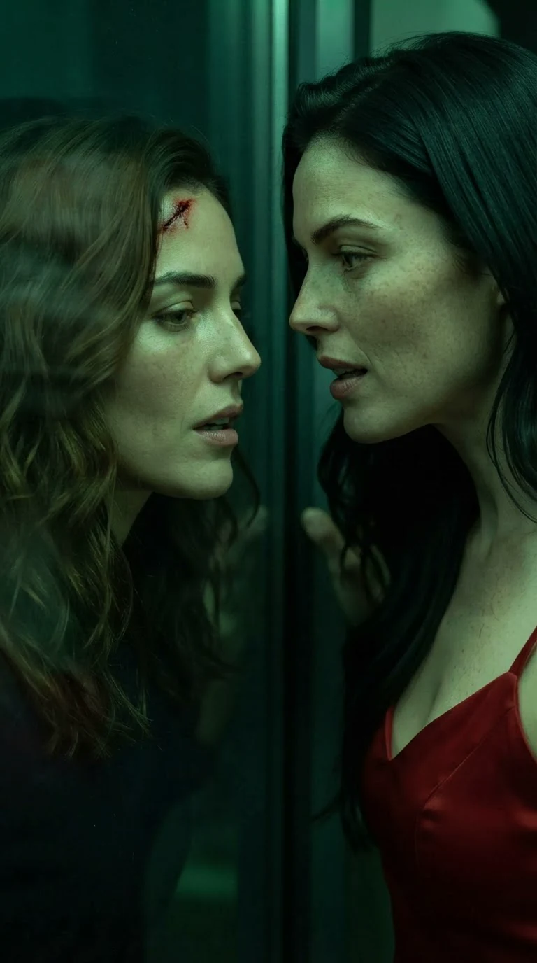 A woman in red whispers at a bleeding woman pressed against the glass, forcing her to speak.