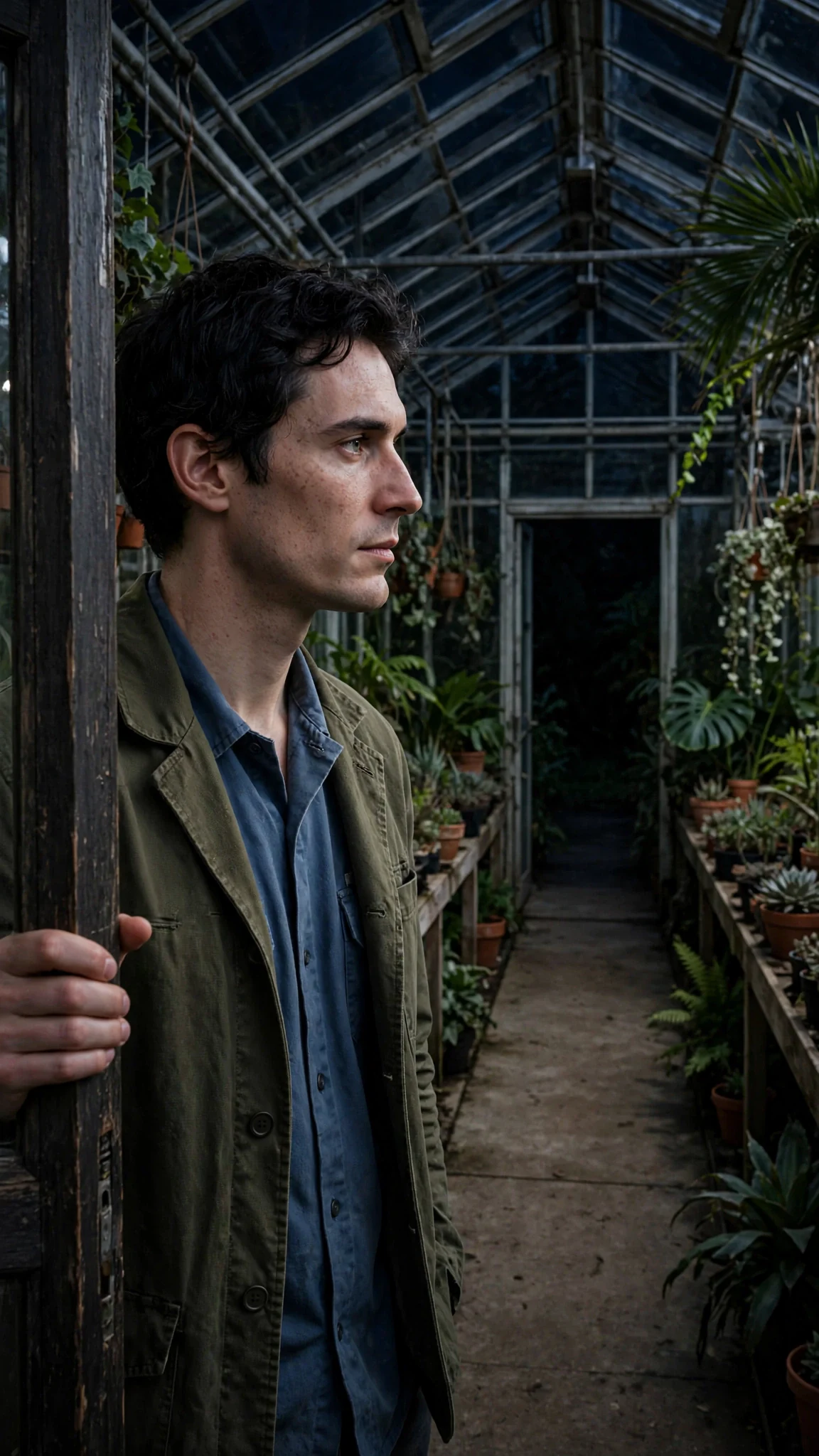 A tall man in an olive work jacket stands in the conservatory doorway, face cold.