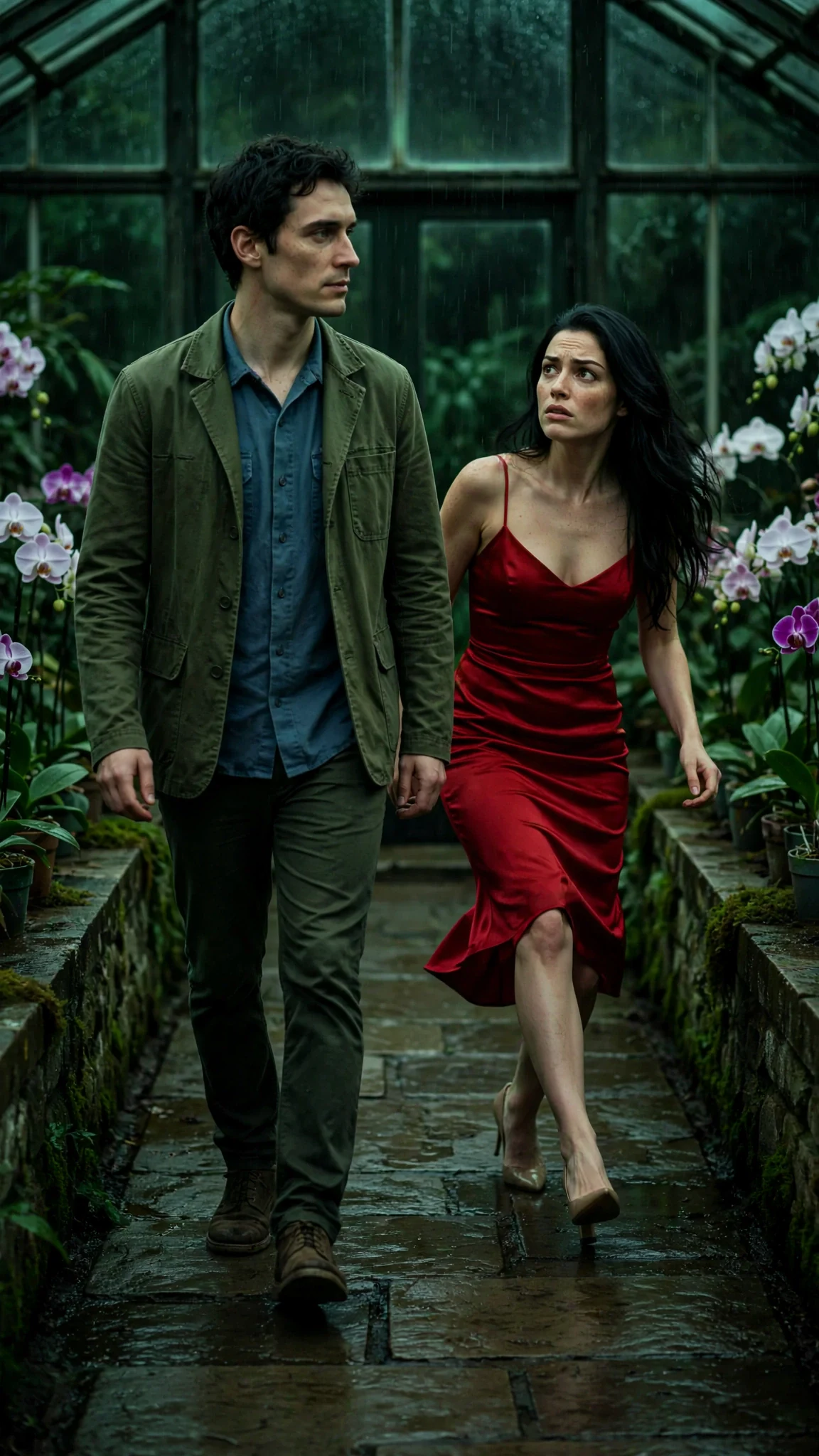 A man in a work jacket walks down the glasshouse aisle, and a woman in red backs away.