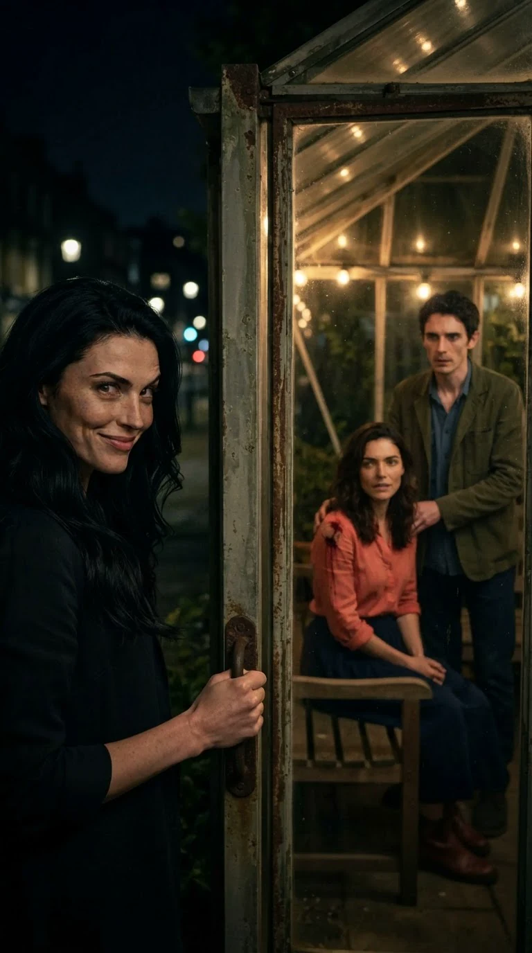 A woman in red pauses in the doorway, half turned, smiling cruelly into the dark glasshouse.