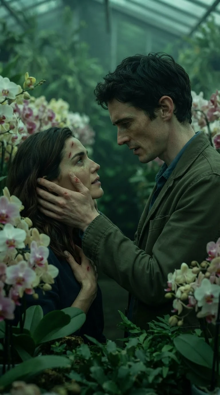A man holds a bleeding woman's face in both hands in a dark conservatory.