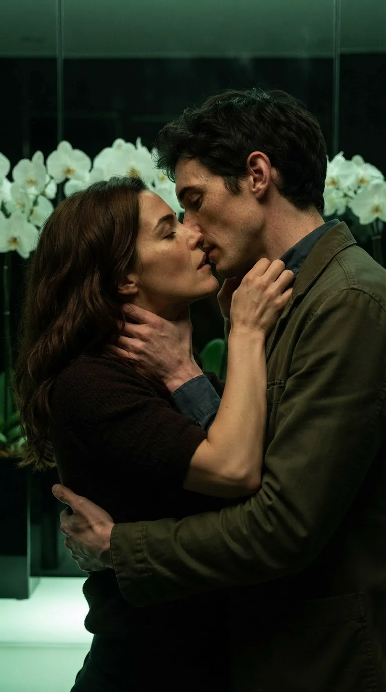 A woman kisses a man hard in the dark glasshouse, both hands at his collar.