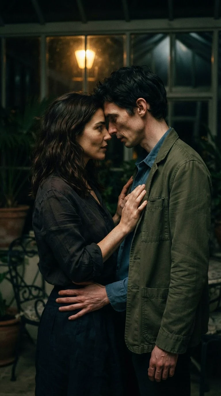 A woman's hands slide inside a man's jacket onto his shirt, his hand at her waist, faces close.