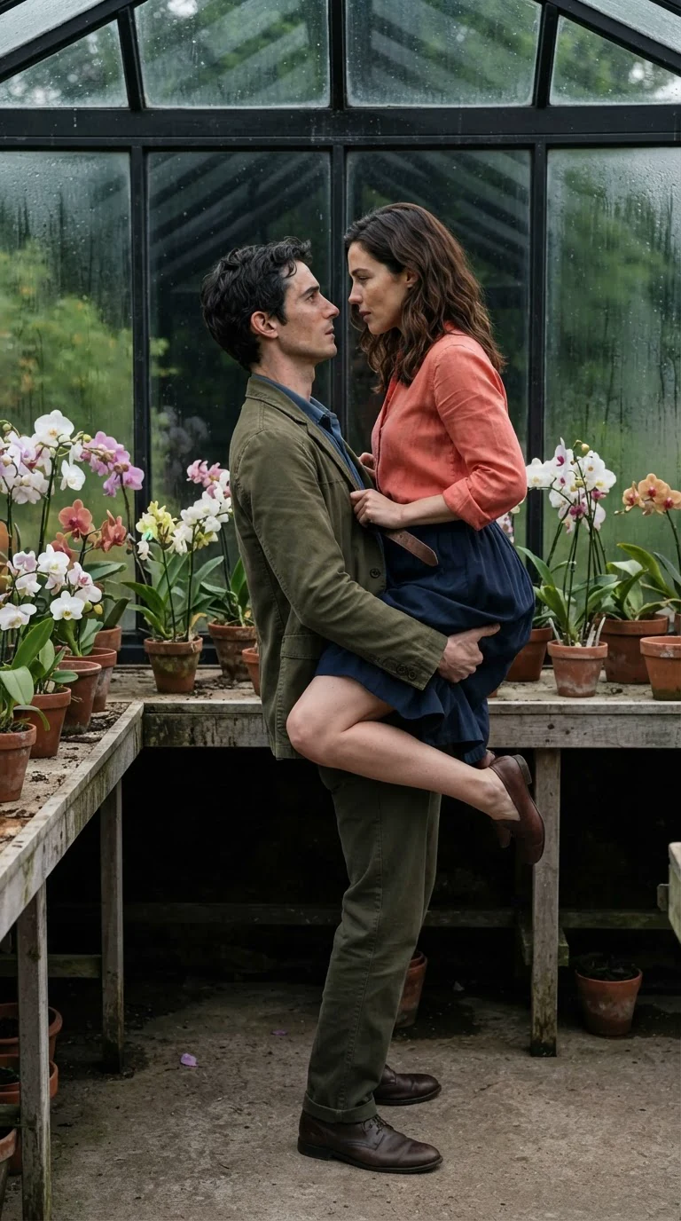 A man lifts a woman onto a potting bench, his hand up under her blouse, her fingers at his belt.