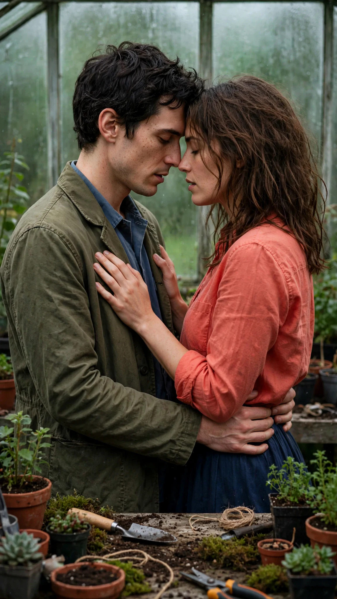 Foreheads together, both breathing hard on a potting bench in a dark glasshouse.