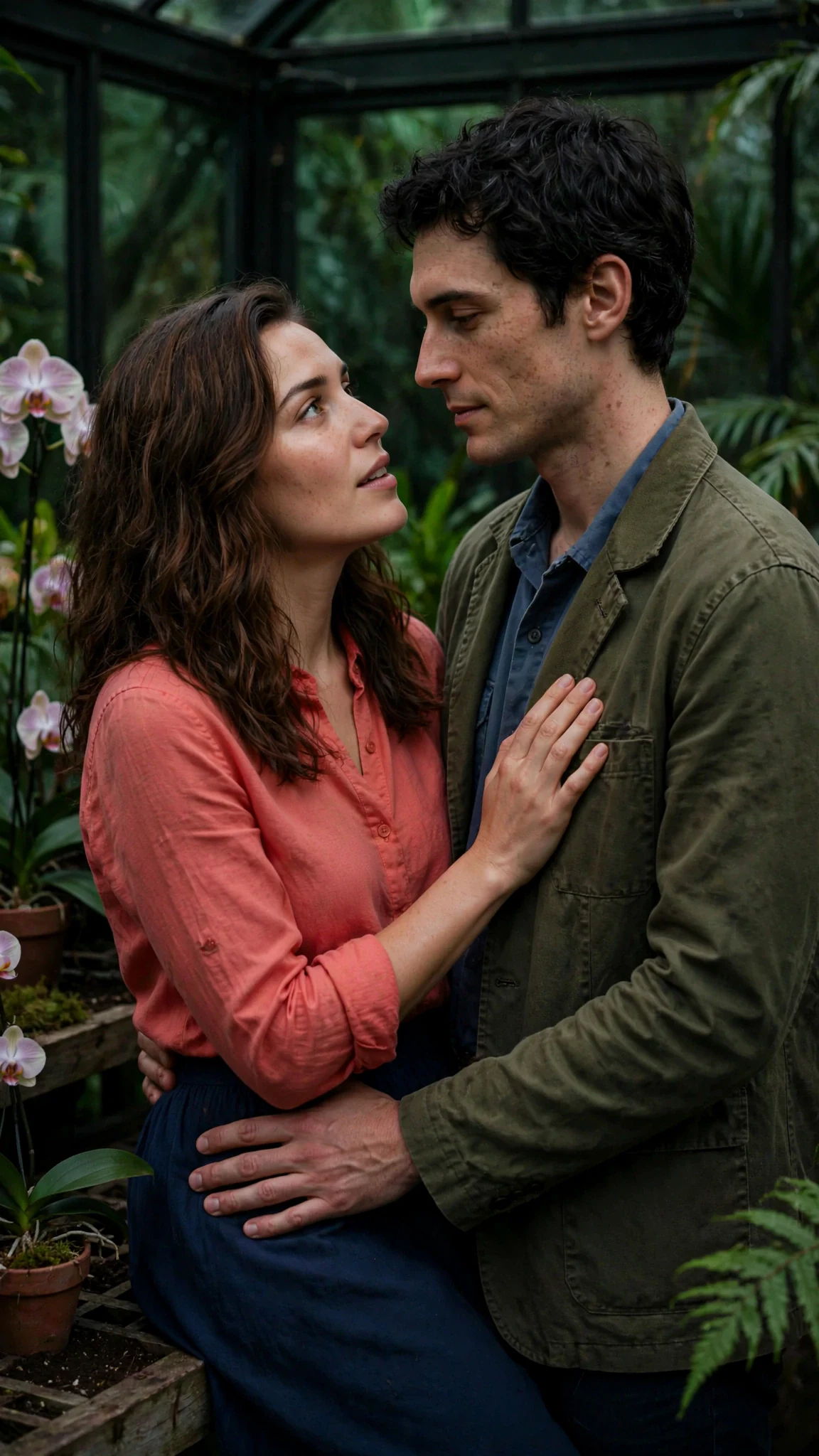 A woman on a potting bench looks at a man, her hand still on his chest, both faces close.