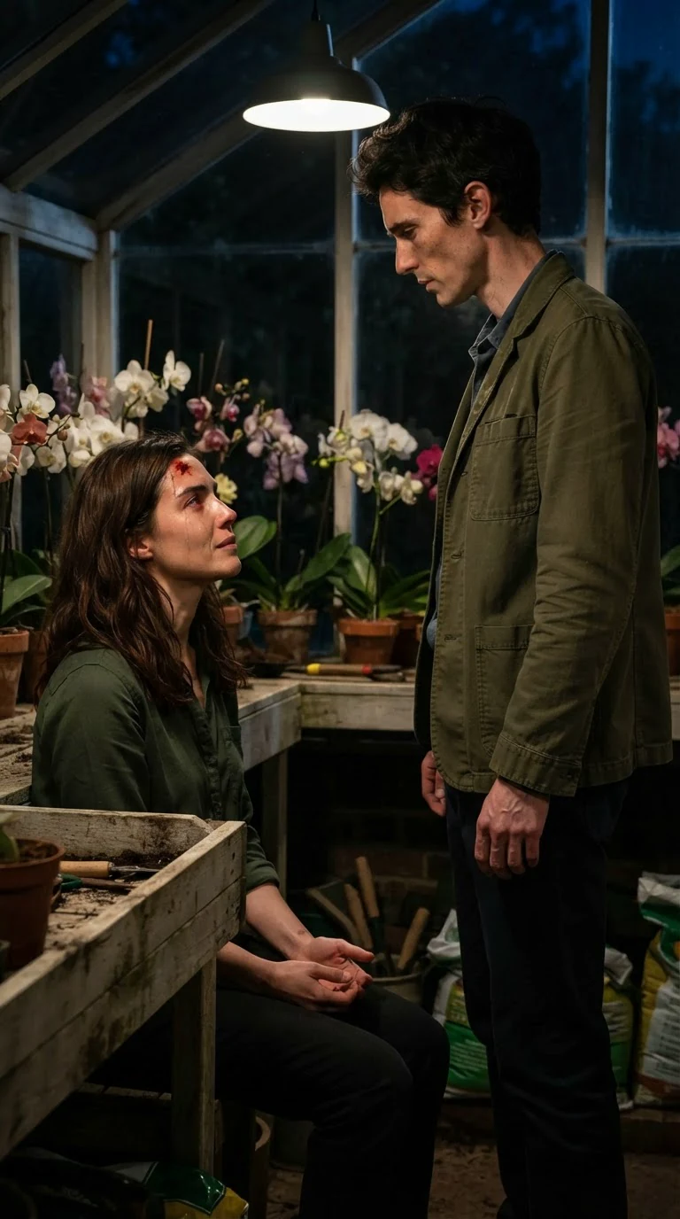 A woman sits on a bench in the dark glasshouse with tears on her face, a man standing in front of her.