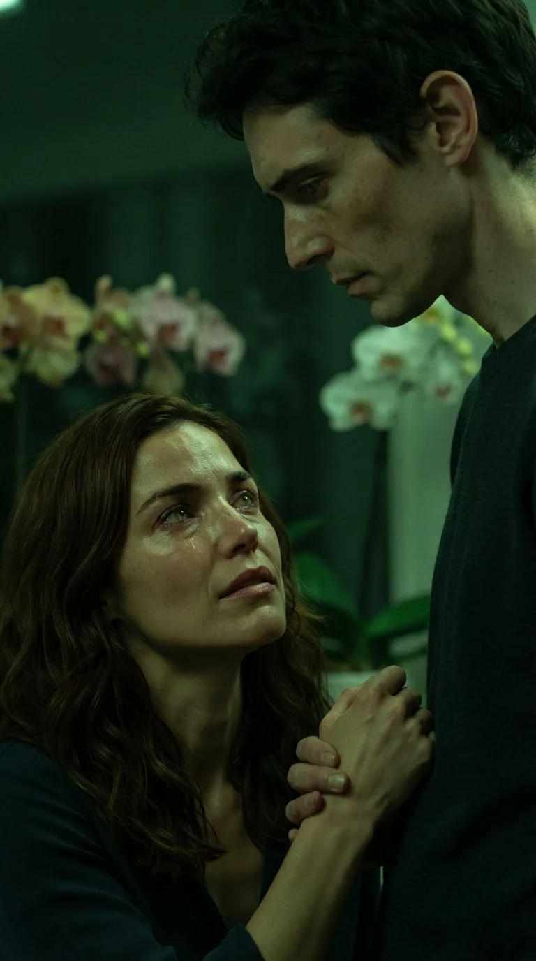 A tearful woman looks up at a man, her hand on his wrist, the dark glasshouse behind them.