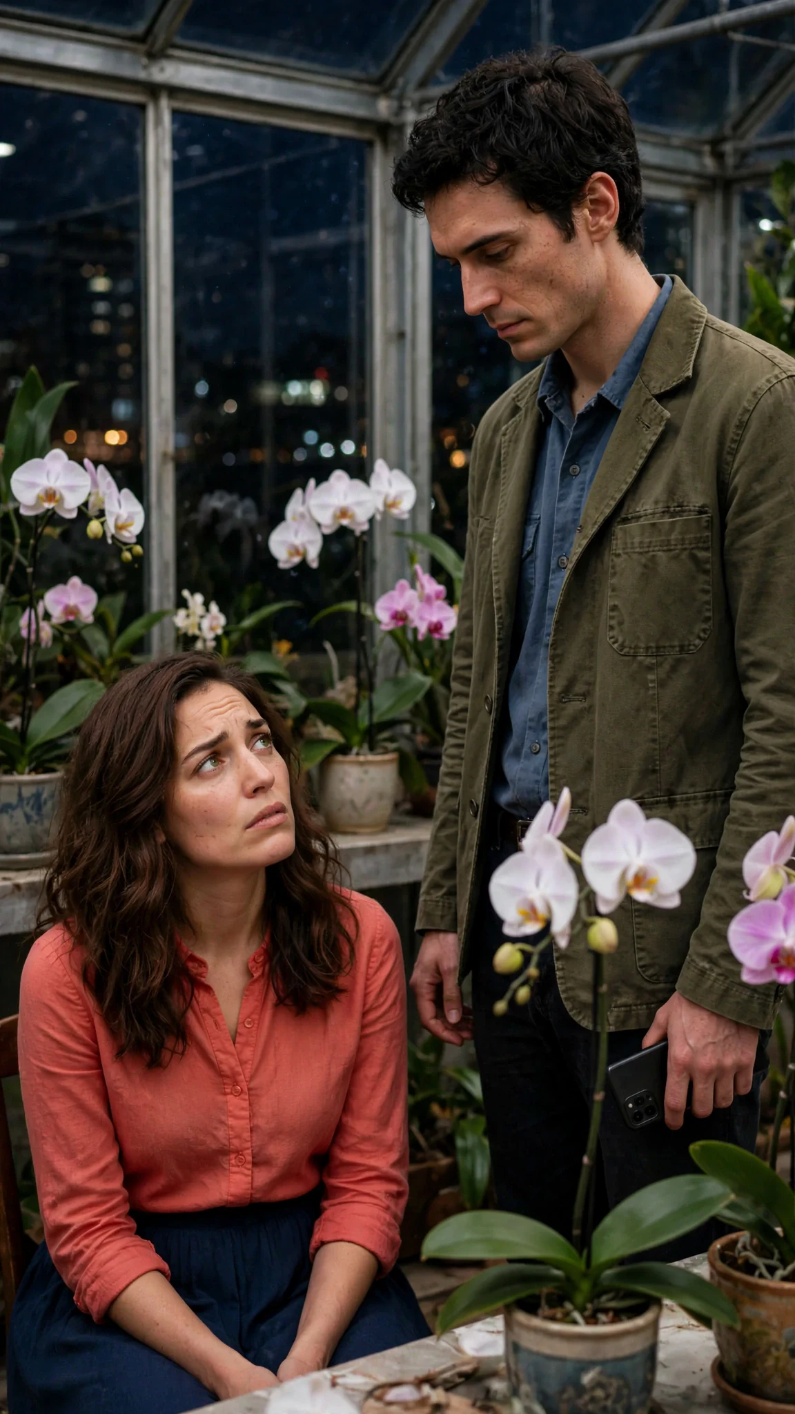 A man stands over a seated woman in the dark glasshouse, cold and steady, his phone in his hand.