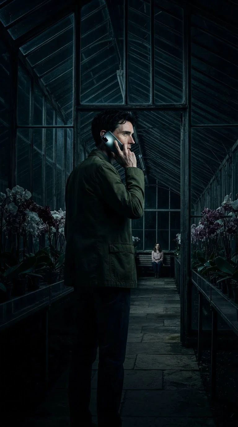 A man stands alone at the far glass wall of the dark conservatory, phone at his ear, face lit by the screen.
