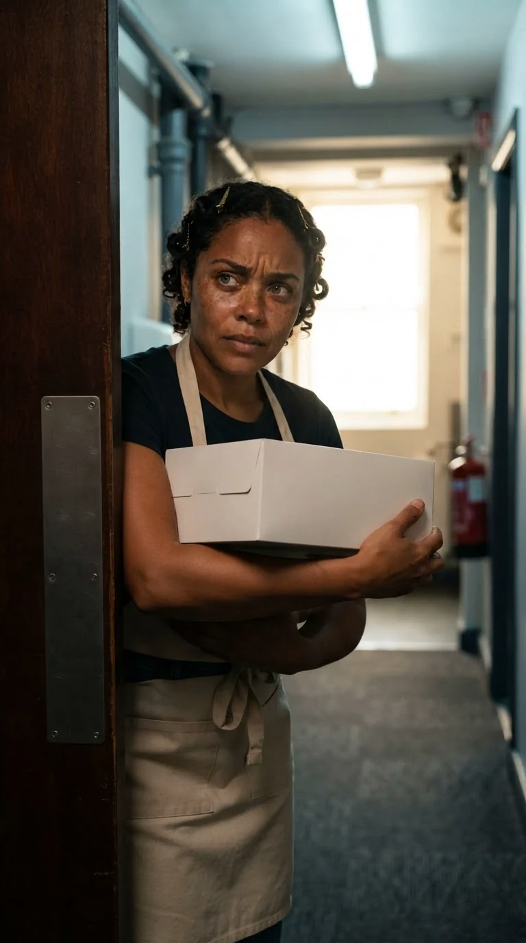 Jolene peeks around a service door toward a lit interior window, confused.