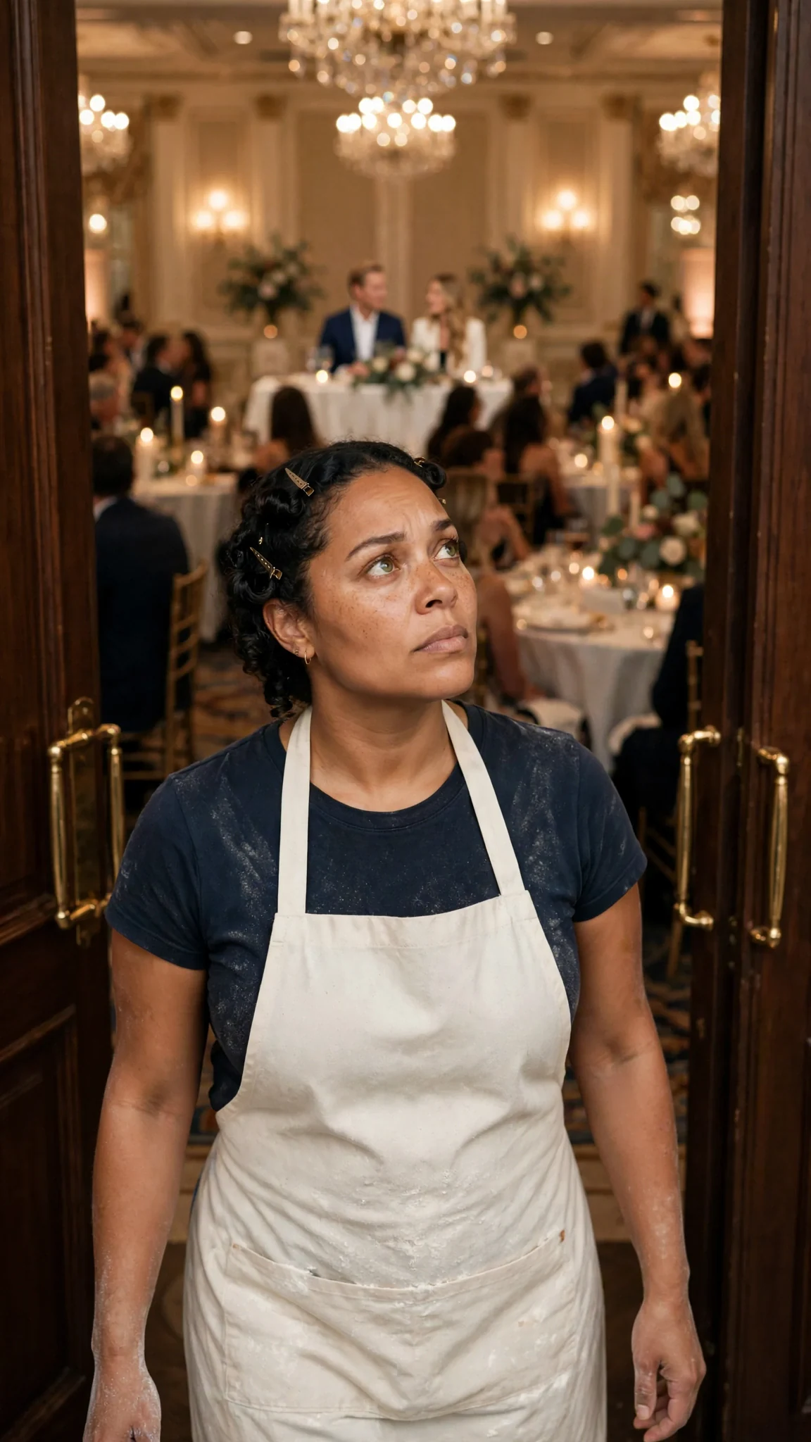 Jolene walks into a crowded hotel banquet room with the cake box.