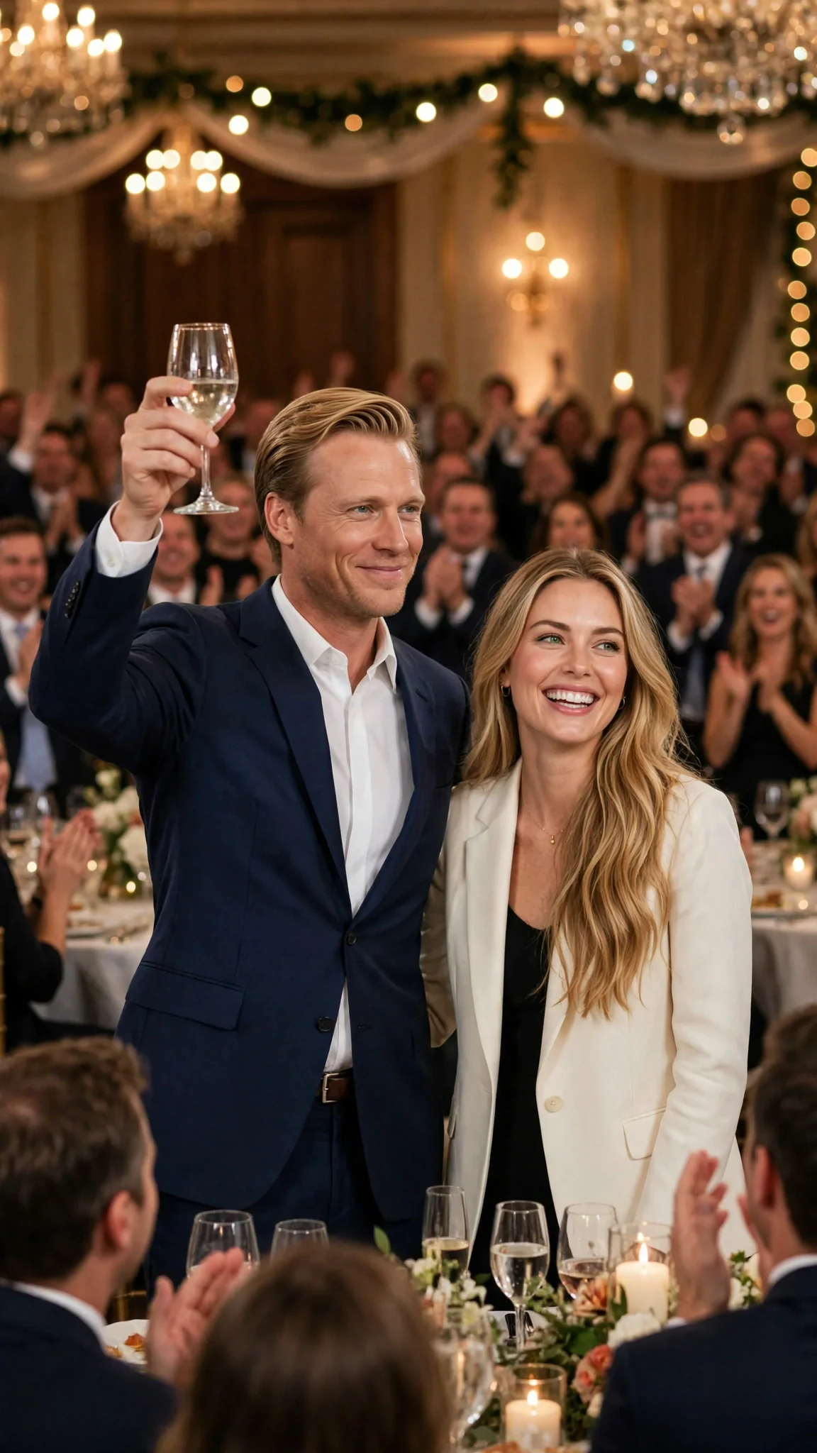 Dean raises a glass at the head table while Monica smiles beside him.