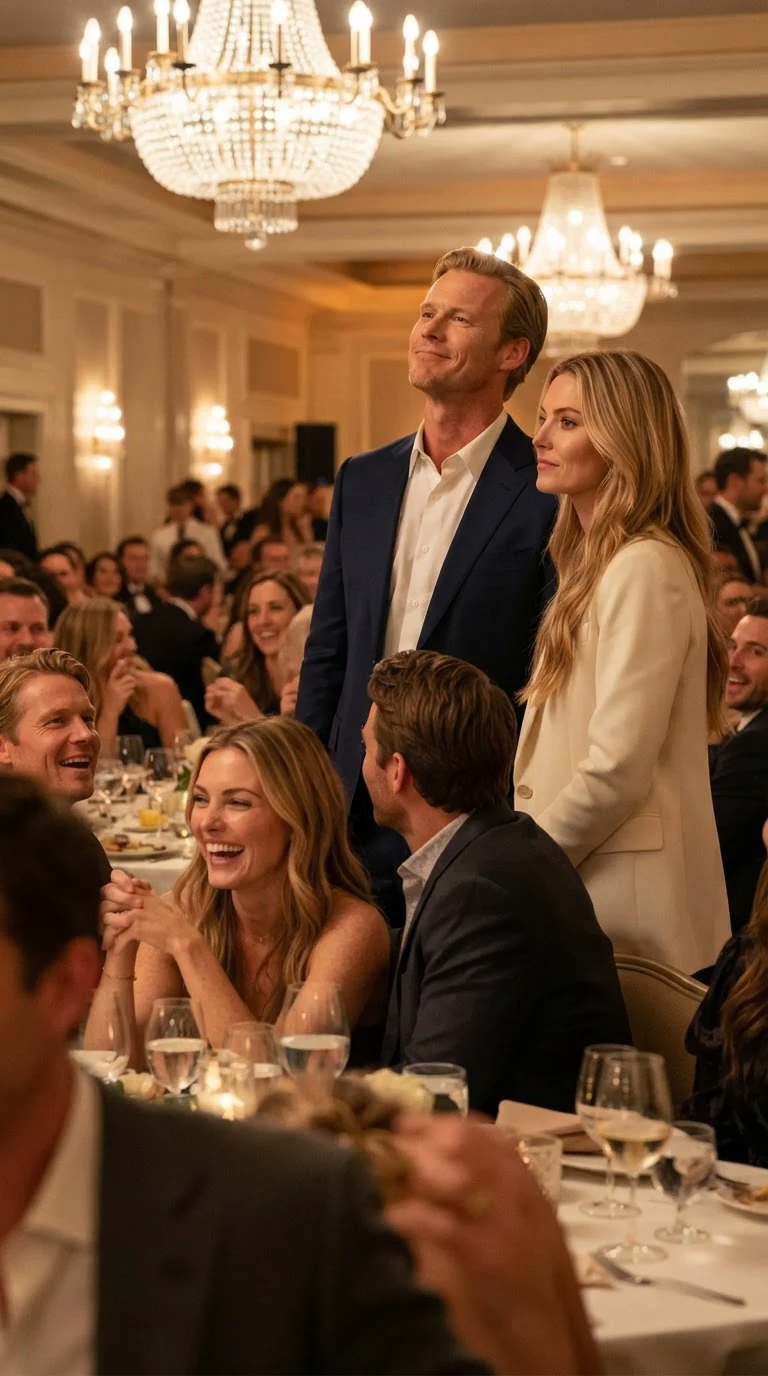 Dean smiles nastily toward the back of the room while the crowd laughs.