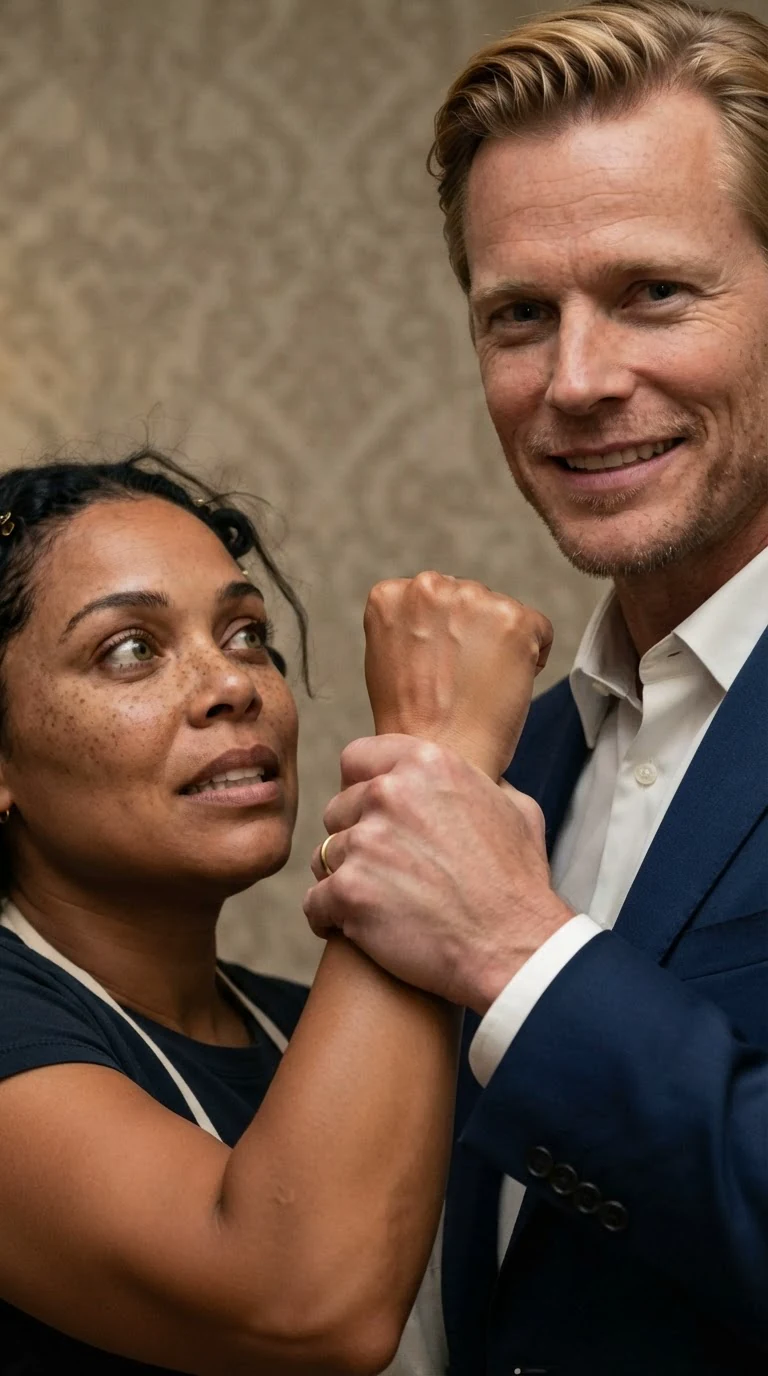 Dean's hand clamps hard around Jolene's arm, close crop.