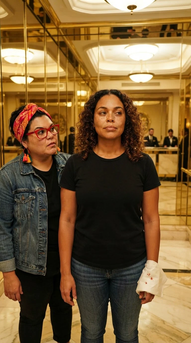 Jolene stands straight in the lobby, cut hand wrapped in a napkin, chin up.