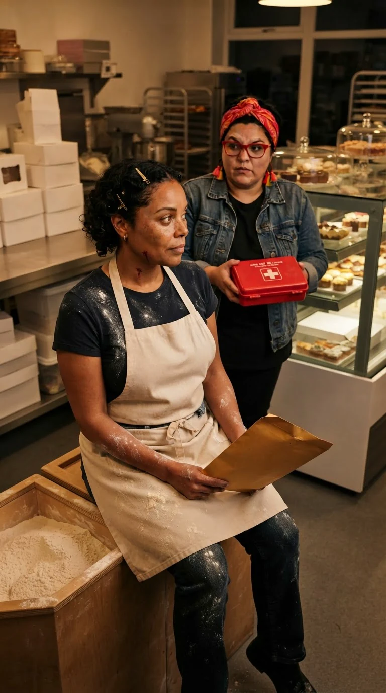 Jolene sits on a flour bin in her bakery holding a brown bank envelope.