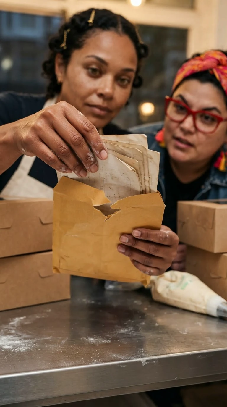 Close shot of Jolene's hands opening a bank letter over the bakery counter.