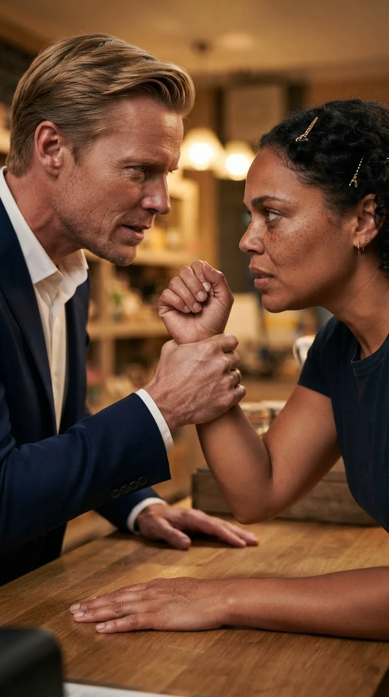 Dean grips Jolene's wrist across the counter, close and menacing.