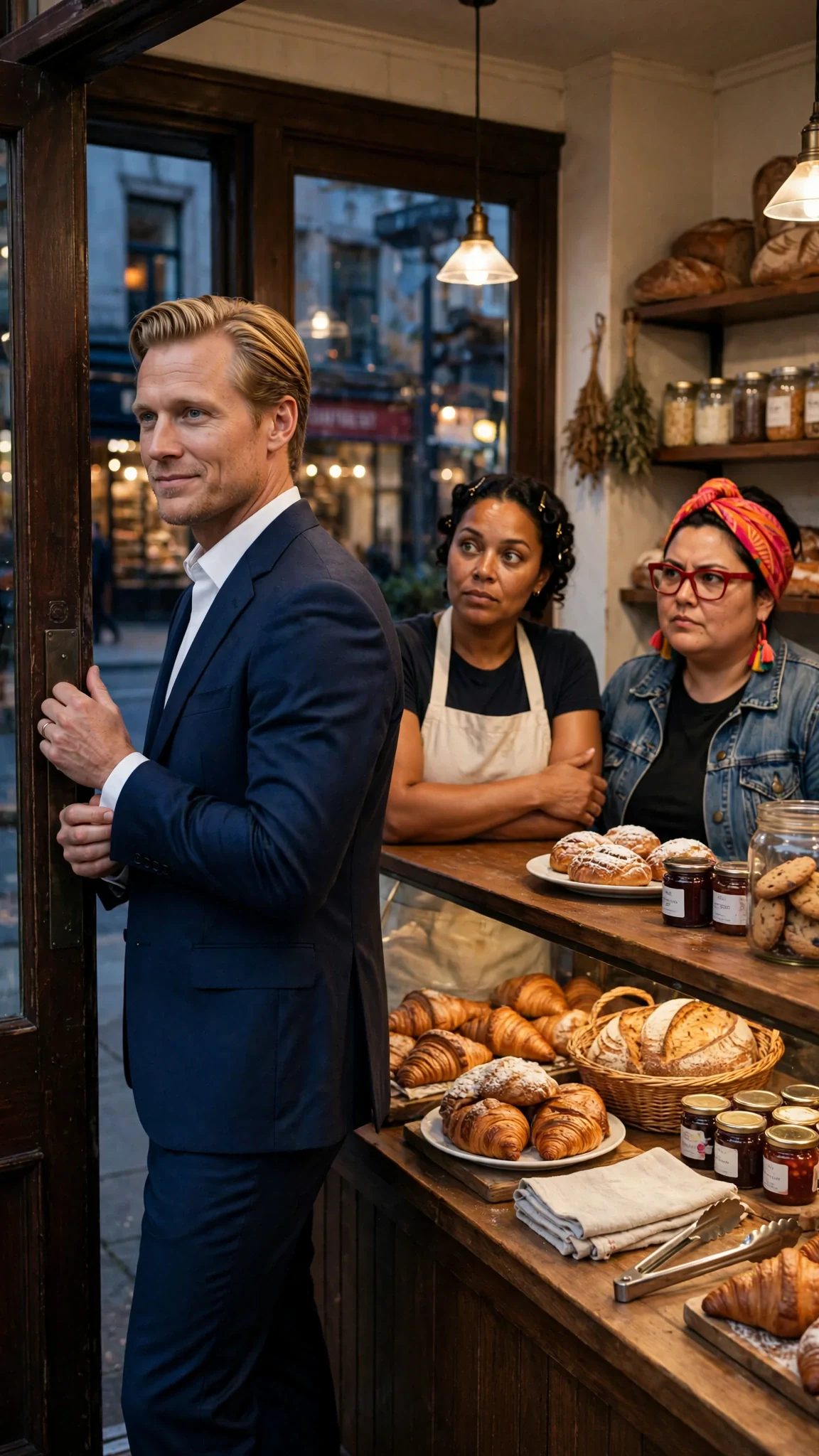 Dean straightens his cuff at the bakery door, Jolene and Roxy behind the counter.