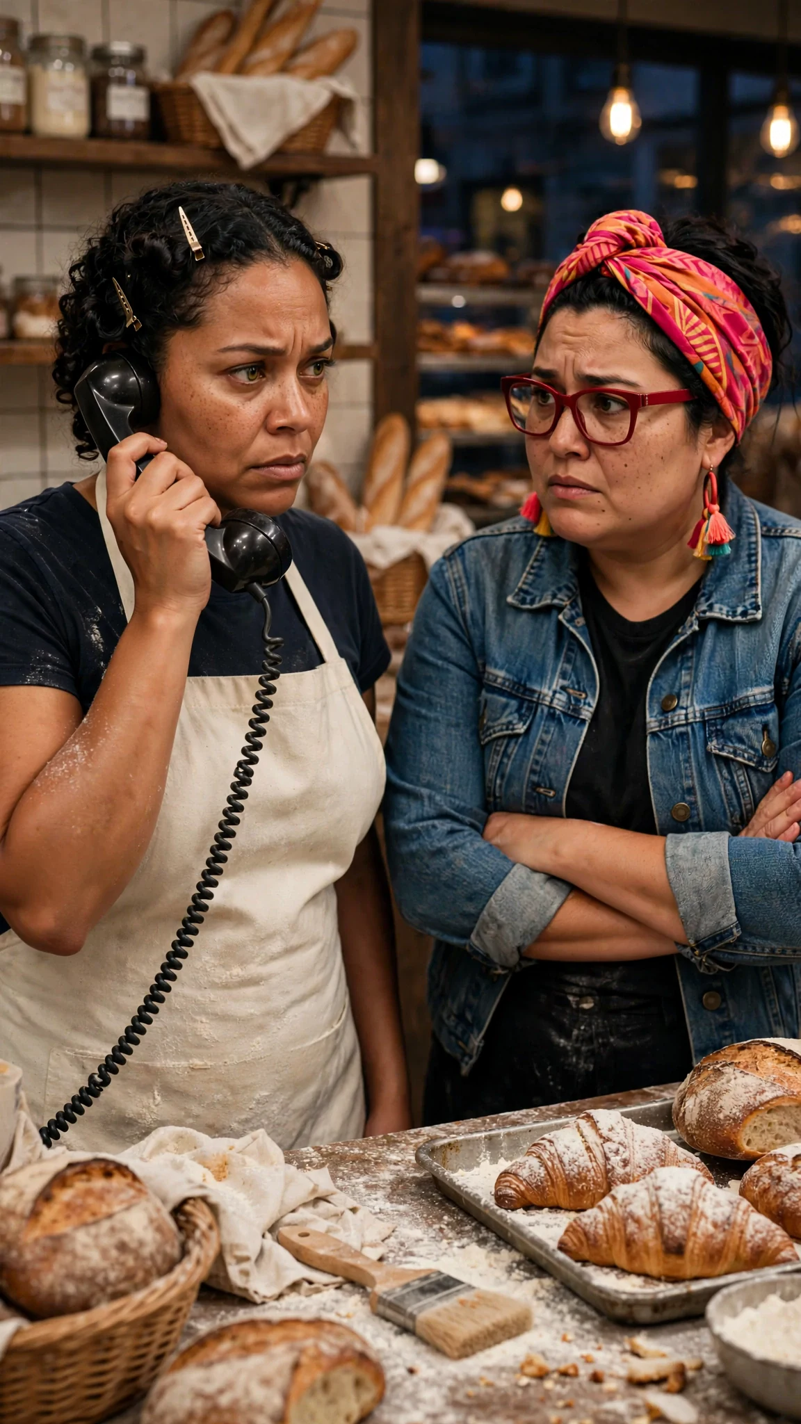 Jolene on the bakery phone, Roxy watching with worry.